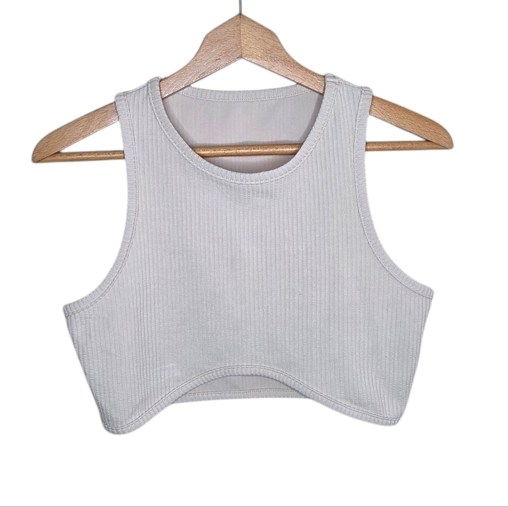 Shein Beige Ribbed Cropped Bodycon Fitted Tank Top Size Large Scoop Front Hem